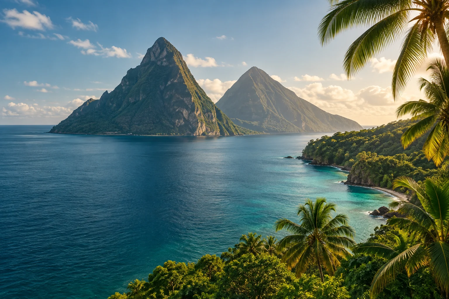 Illustrative Saint Lucia Pitons overlooking the turquoise Caribbean Sea